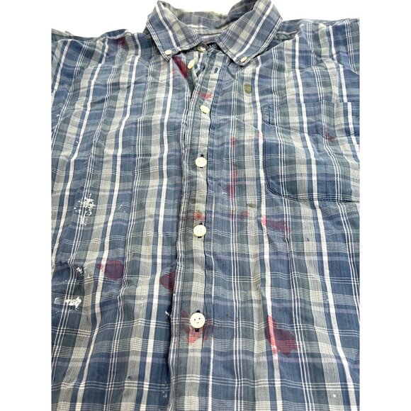 Halloween Costume Men’s Zombie Shirt Blue White Plaid L Vtg ‘“Blood” Long Sleeve - Picture 9 of 11